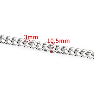 Macro detail of 10.5mm silver stainless steel Cuban chain with 3mm link thickness
