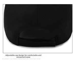 Detail of adjustable hook and loop closure on a black cotton twill baseball cap