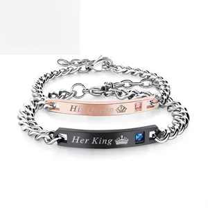 Romantic Stainless Steel Zirconia Couple Bracelet His Queen Her King Crown Pattern Curb Chain Jewelry Valentine Gift