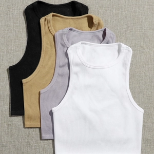 Slim fit nylon yoga tank tops in black, khaki, purple and white with ribbed texture