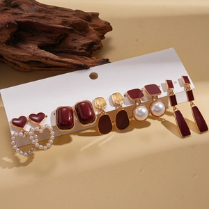 Lot de 6 paires de boucles d'oreilles vintage bordeaux et or avec perles et émail