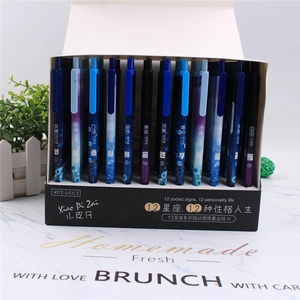 Detail view of 12 zodiac series retractable gel pens in blue and purple gradient tones