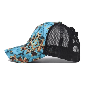 Women's ponytail baseball cap with blue marble print and black breathable mesh back