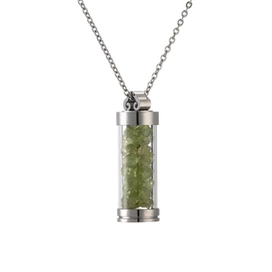 Fashionable stainless steel necklace featuring a green stone cylinder perfume bottle pendant