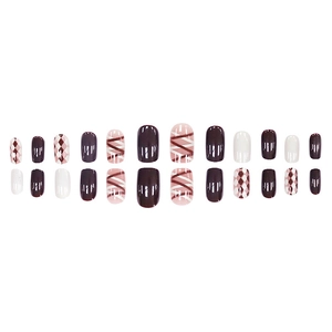 Press-on nails featuring brown checkered patterns and solid cream white glossy finish
