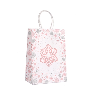 Winter snowflake gift bag made of white kraft paper with silver and pink prints