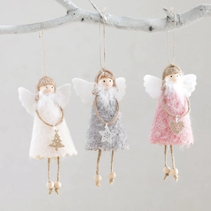 Ciondolo Angelo Di Natale Fatto A Mano Tessuto Peluche Perla Di Legno Corda Di Canapa Ali Cuore Stella Albero Decorazione Casa