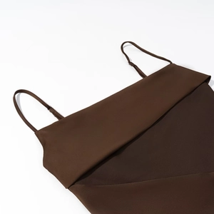 Deep coffee satin camisole top with adjustable spaghetti straps and crepe texture