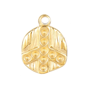 Golden round stainless steel charm with embossed cross pattern on white background