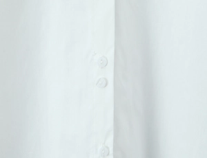 Macro view of white button placket and fine plain weave texture on lantern sleeve top