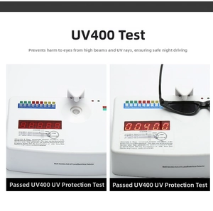 Detail showing UV400 protection test for retro cat-eye sunglasses with professional meter