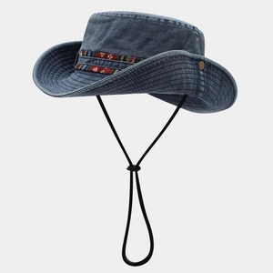 Blue denim cowboy sun hat with ethnic embroidery and adjustable windproof strap for hiking