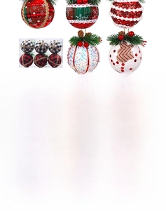 Detail of Christmas plaid foam ball ornaments with rustic pine needles and red berries