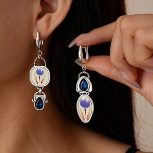 Boucles D'oreilles Pendantes Asymétriques Vintage Avec Motif Tulipe Émail Zircon Bleu Goutte Alliage Bijoux Rétro