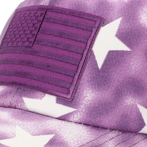 Close-up of purple gradient baseball cap featuring white stars and flag patch details