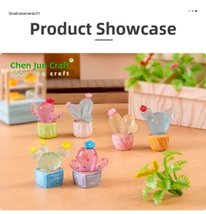 Macro detail of miniature resin cactus figures in pastel pots for micro landscape decor