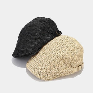 Adjustable straw woven beret caps in black and beige with metallic buckles