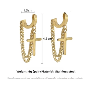 Detail shot of golden stainless steel cross earrings showing dimensions 4.3cm length