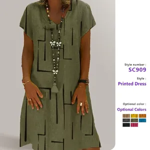 Women V Neck Short Sleeve Midi Dress Loose Geometric Line Print Bohemian Plus Size Casual Summer Dress
