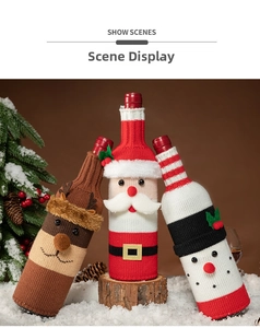Detailed knitted Christmas wine bottle covers featuring Santa, snowman and elk characters