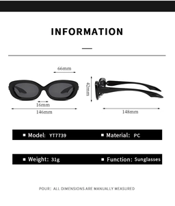 Detailed size specifications for oval black sunglasses including lens width and frame dimensions