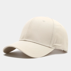 High-quality beige six-panel baseball cap with curved brim shown in 45-degree side view