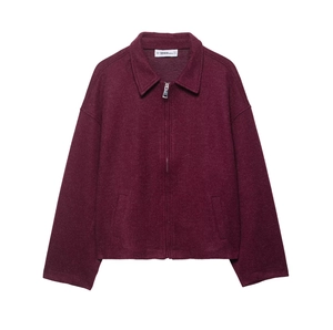 Giacca corta bordeaux in misto lana con collo a rever e chiusura a zip