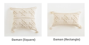 Detailed view of bohemian tufted cushion covers with tassels in square and rectangular shapes