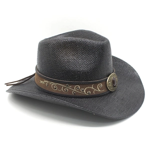 Classic dark brown woven cowboy straw hat with embroidered band and gemstone buckle detail