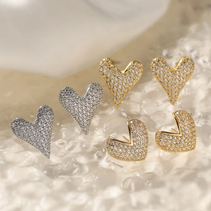 Heart Stud Earrings With Copper Earring Post Gold Plated Cubic Zirconia Niche Elegant Versatile Jewelry Gift For Women