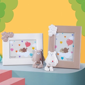Cartoon Photo Frame With 3D Bear Rabbit Doll Plastic Desktop Wall Hanging Children Kids Room Cute Decor