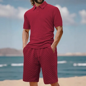 Ensemble polo et short d'été pour homme en tricot rouge foncé à texture gaufrée