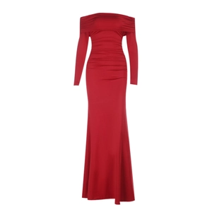 Elegantes rotes schulterfreies Maxikleid mit langen Ärmeln und taillierter Raffung