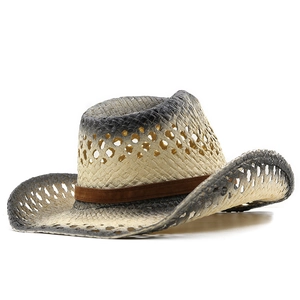 Handmade gradient straw cowboy hat with wide brim and decorative brown suede band