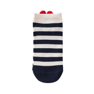 Blue and white striped cotton low-cut socks with a red heart accent on the heel