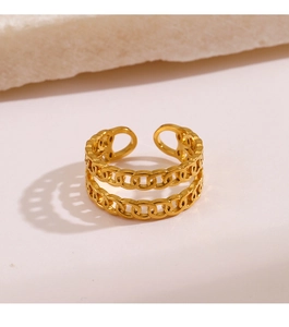 Detail shot of a double-layered gold chain open ring with polished stainless steel texture