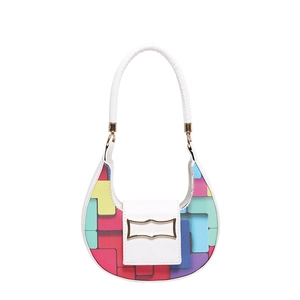 Colorful geometric crescent shoulder bag with white strap and gold buckle for women