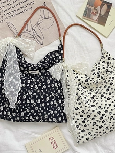 Sac cabas en toile à fleurs vintage avec nœud en dentelle et anses en cuir marron