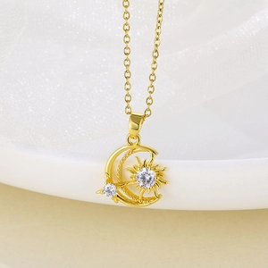 Sun Moon Star Pendant Necklace Stainless Steel Cubic Zirconia Celestial Octagram Star Clavicle Chain For Women