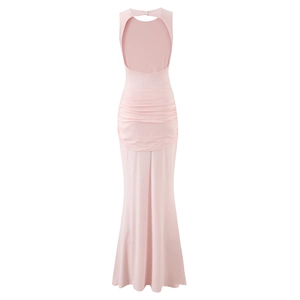 Elegant light pink backless slim fit evening dress with asymmetrical ruched details