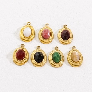 Set of seven vintage stainless steel 14K gold pendants with colorful natural stones
