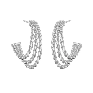Detailed close-up of silver-plated twisted rope hoop earrings with a triple-strand design