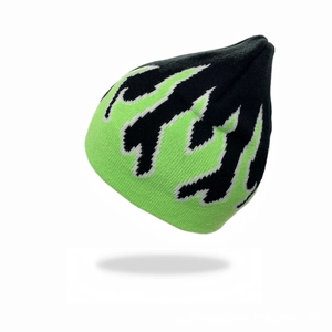 Hip hop knit beanie with neon green flame pattern on black, 45-degree angle view