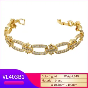 Gold chain bracelet with stars and oval links set with white zircons, 10.5mm width