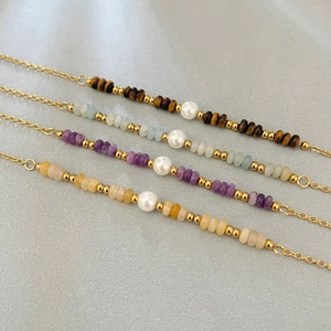 Tiger eye and faux pearl stainless steel beaded bracelet with gold chain for women
