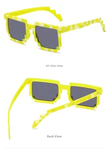 Detail view of yellow pixelated mosaic sunglasses with side and back folding frame profile