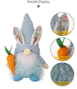 Close-up of Easter blue gnome details showing bunny ears, carrot prop, and plush texture