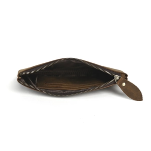 Minimalist brown crazy horse leather long wallet with zipper and internal card slots