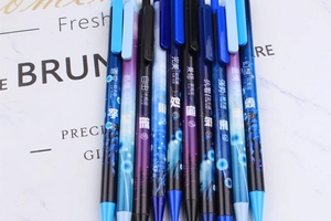 Close-up of nine colorful mechanical pencils with unique zodiac theme designs and patterns