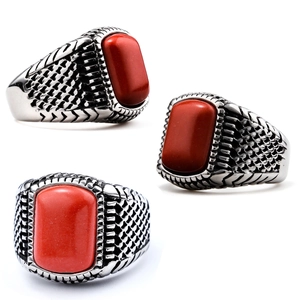 Men Vintage Ring Stainless Steel Red Rectangular Stone Punk Rock Hip Hop Fashion Accessory